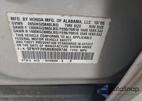 2006 Honda Pilot Ex-L из США, поврежденный, VIN 5FNYF28586B009746